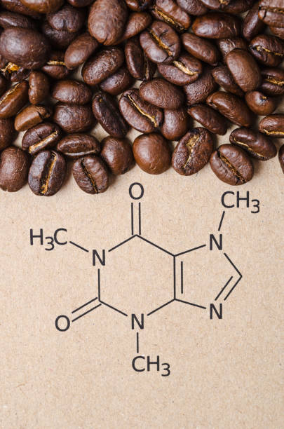 Structural chemical formula of caffeine molecule with roasted coffee beans. Structural chemical formula of caffeine molecule with roasted coffee beans. Caffeine is a central nervous system stimulant, psychoactive drug molecule. caffeine molecule stock pictures, royalty-free photos & images