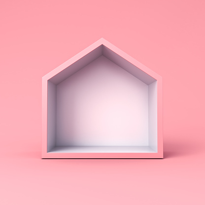 Blank simple display house box stand isolated on pink pastel color background minimal conceptual 3D rendering