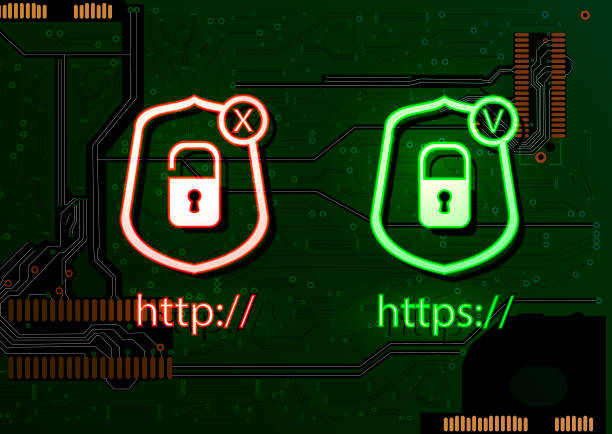 Vector locks in a shields, neon icons on the dark green circuit background, technology illustration, art, http and https. Vector locks in a shields, neon icons on the dark green circuit background, technology illustration, glowing graphic art, http and https. hypertext transfer protocol stock illustrations
