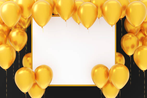 istock Flying yellow balloons around empty white blank card on black background. 1306492237