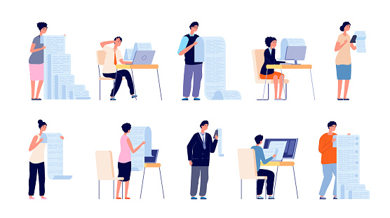 People with documents. Cartoon manager, checklist file or paper pay form. Fill work document or application, person hold sheets vector set. Illustration checklist paper, business person with documents