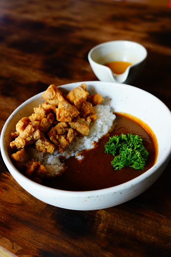 Chicken Curry with Rice on wood table
