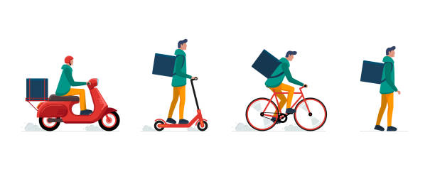 Express delivery boy courier service concept set. Online fast logistic man on bicycle, electric scooter, moped and walk on foot with orders parcel box and backpack. Vector flat illustration Express delivery boy courier service concept set. Online fast logistic man on bicycle, electric scooter, moped and walk on foot with orders parcel box and backpack. Vector flat isolated illustration scooter stock illustrations