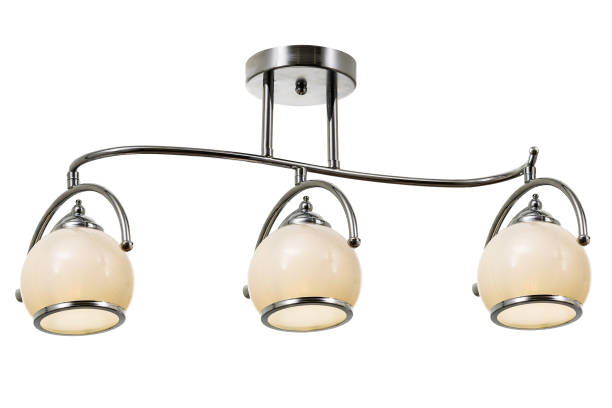 istock Chrome plated three-lamp ceiling lamp with matt white shades 1306493234