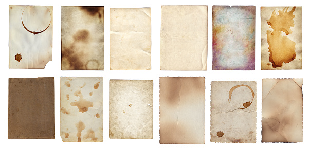 Set of Old various vintage rough paper with scratches and stains texture isolated on white