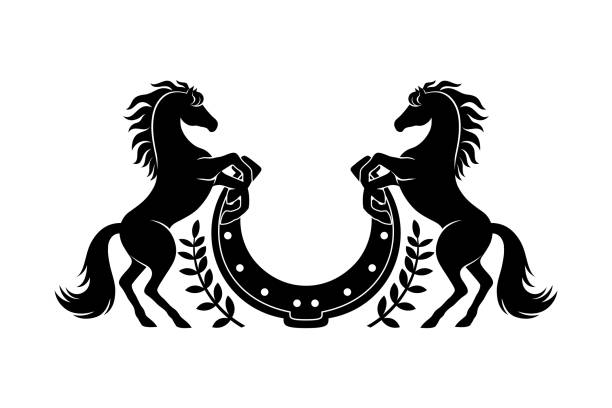 zwei pferde und hufeisen-ikone. - horseshoe stock-grafiken, -clipart, -cartoons und -symbole