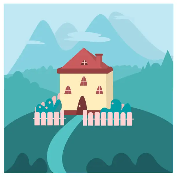Vector illustration of House behind the fence on a green background. Vector illustration for postcards, posters, etc