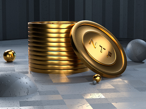 NTF coin token on grey background. Non-refundable token. 3d render. Crypto art place for selling. Blockchain concept. High quality 3d illustration