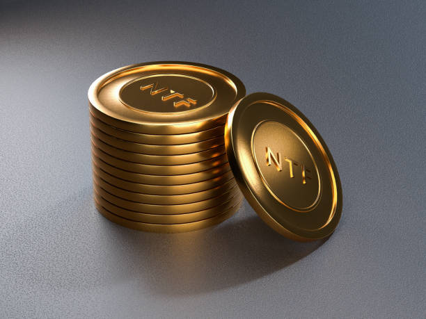 ntf coin token on grey background. non-refundable token. 3d render. crypto art place for selling. blockchain concept. - refundable imagens e fotografias de stock