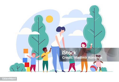 istock Kindergarten. Group of Children of Different Ages. Nanny Teaches Baby to Walk. Volunteer Plays with kids in Nature. Cartoon Vector Illustration. 1306498641