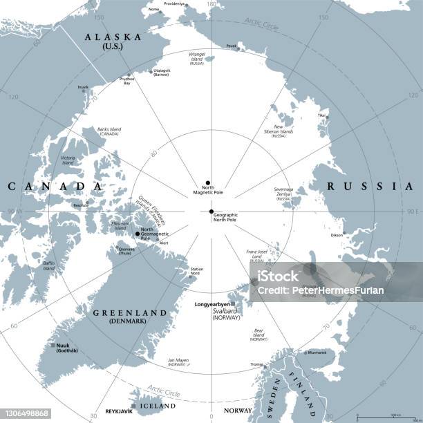 北極地域北極周辺の極地灰色の政治地図 - 北極のベクターアート素材や画像を多数ご用意 - 北極, 地図, 北極点