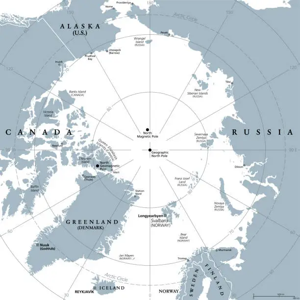 Vector illustration of Arctic region, polar region around North Pole, gray political map