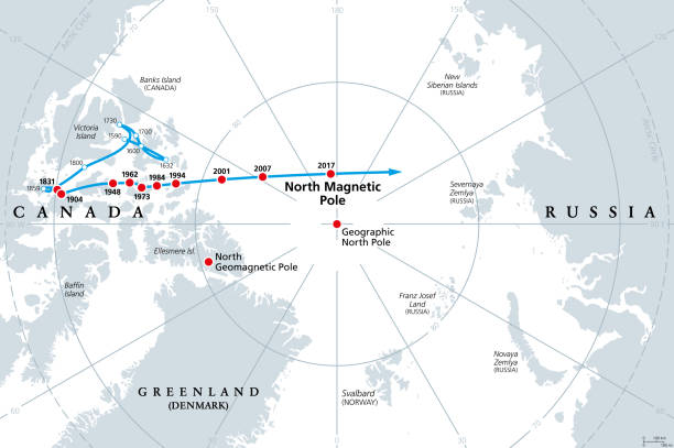 北極磁極の移動、磁極、灰色の政治地図 - スヴァールバル島点のイラスト素材／クリップアート素材／マンガ素材／アイコン素材