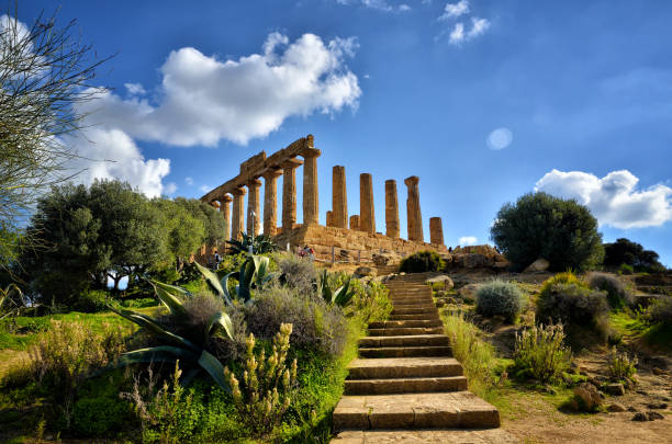 el valle de los templos es un sitio arqueológico en agrigento, sicilia, italia. - greek culture agrigento landscape colonnade fotografías e imágenes de stock