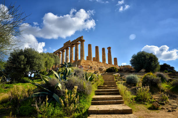 o vale dos templos é um sítio arqueológico em agrigento, sicília, itália. - greek culture agrigento landscape colonnade - fotografias e filmes do acervo