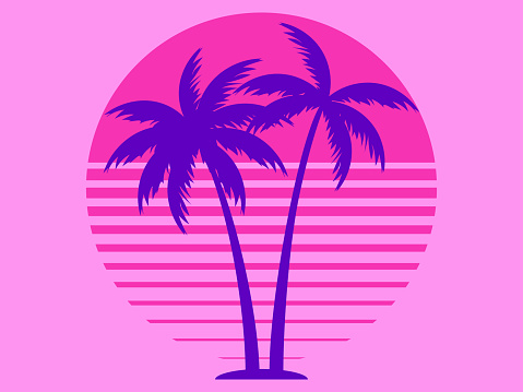 Two palm trees against a pink sun in the style of the 80s. Synthwave and 80s style retrowave. Design for advertising brochures, banners, posters, travel agencies. Vector illustration