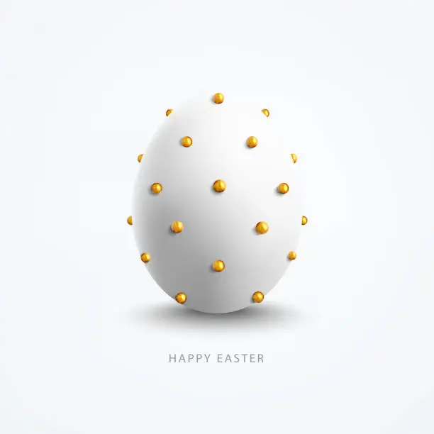 Vector illustration of Easter Egg with hyper-realistic shading and small decorative golden balls supplied to the surface of the round object - single 3D object in vector standing vertically in the middle on a white background and Happy Easter text below