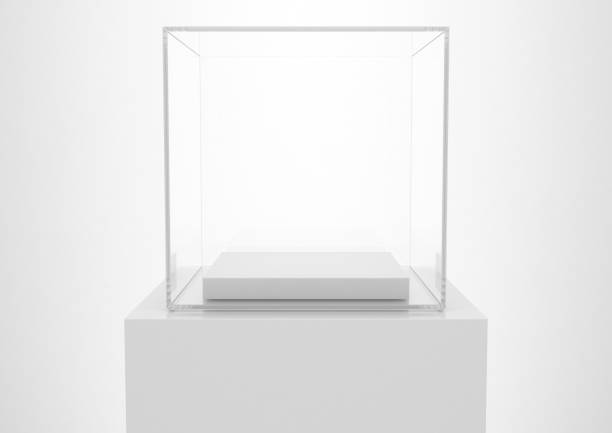 istock Empty Glass Box with White Podium for Product Display 1306502273