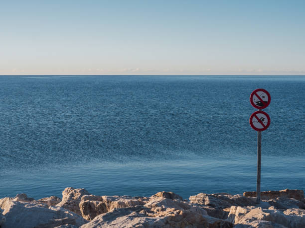 No fishing sign with blue sky and copy space. Puerto Banus, Marbella
