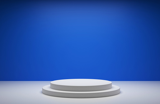Round podium or pedestal with blue background