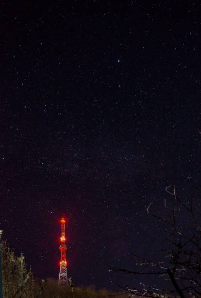 istock radio tower on night starry sky background, red lights 1306507015