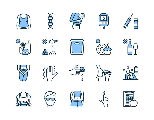 Diabetes flat line icon set blue color. Vector illustration diabetes symptoms and what is forbidden for diabetics to eat. Editable strokes Diabetes flat line icon set blue color. Vector illustration diabetes symptoms and what is forbidden for diabetics to eat. Editable strokes. human body substance stock illustrations