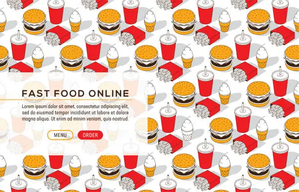 Vector illustration of Fast Food Junk Meal Burger Soda Fries Isometric Seamless Pattern Web Page Template
