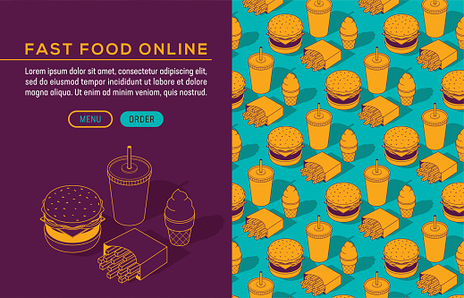 Fast Food Junk Meal Burger Soda Fries Isometric Seamless Pattern Brochure Template