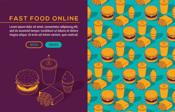 Vector illustration of Fast Food Junk Meal Burger Soda Fries Isometric Seamless Pattern Brochure Template