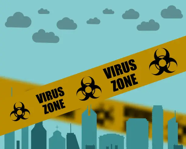 Vector illustration of Virus warning tape over the city. Coronavirus pandemic. Vector 10 eps