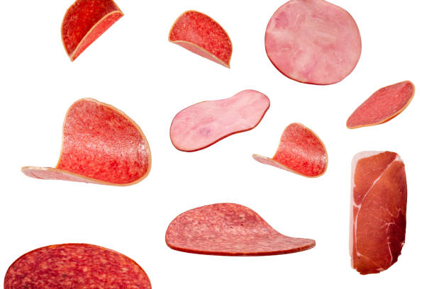 istock Falling tasty salami isolated on white 1306510407