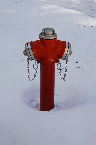 closeup of red fire hydrant on the snowy pathway