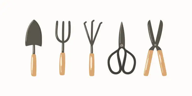 Vector illustration of Gardening tools hand drawn vector illustration set. Garden equipment - trowel, fork, cultivator, scissors, shears