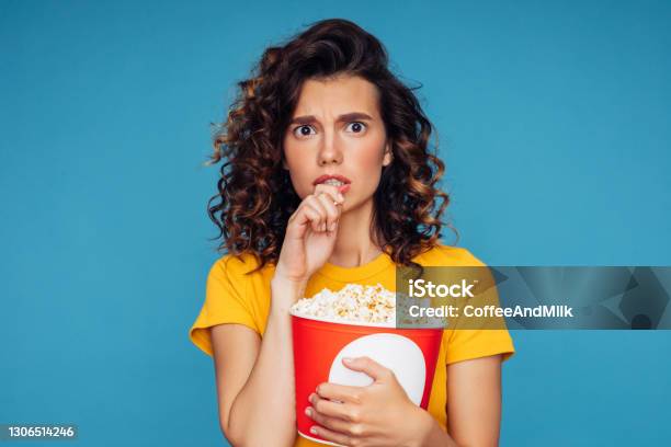 Closeup Photo Of A Beautiful Woman Holding A Big Pop Corn Box Container Stock Photo - Download Image Now