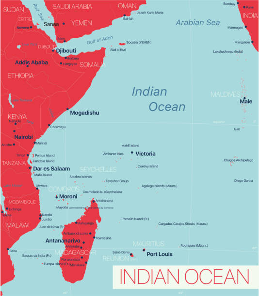 illustrazioni stock, clip art, cartoni animati e icone di tendenza di mappa modificabile dettagliata della regione dell'oceano indiano - oceano indiano