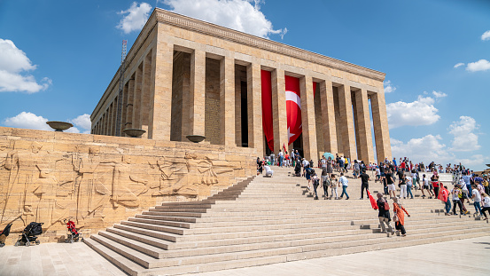Ankara, Turkey - August 2019: People visiting Anitkabir Mausoleum of Turkish leader Ataturk in his grave to convey love and respect.