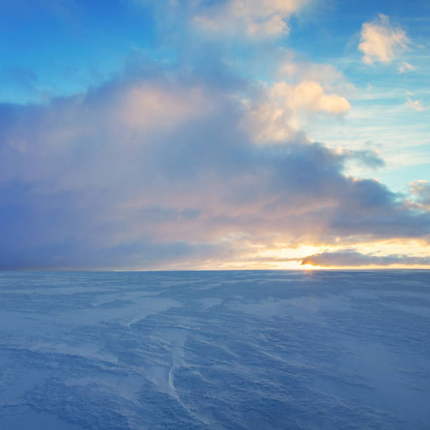 istock Beautiful panoramic landscape with dramatic clouds in blue sky over the snow covered field. 1306526723