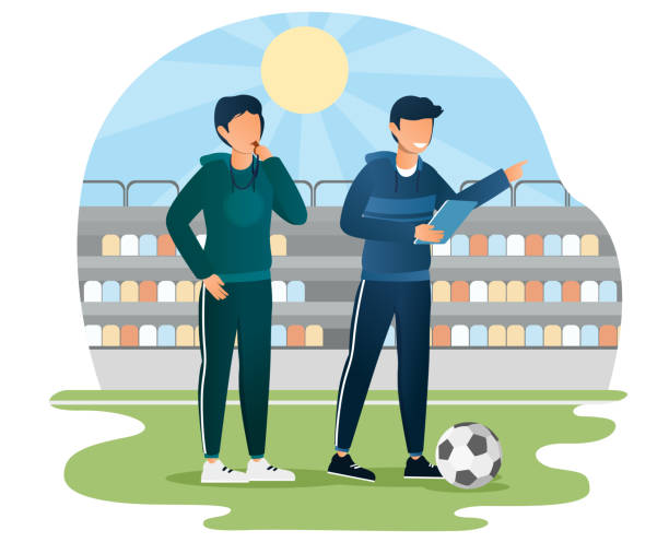 Male soccer coach pointing finger giving instructions to players with his assistant Male soccer coach pointing finger giving instructions to players with his assistant. Man in uniform is standing on the field holding paperclip notes. Flat cartoon vector illustration coach illustrations stock illustrations