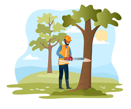 Male character in workwear cutting tree with a chainsaw. Man in uniform is making deforestation with a chainsaw in the woods on a hot summer day. Flat cartoon vector illustration