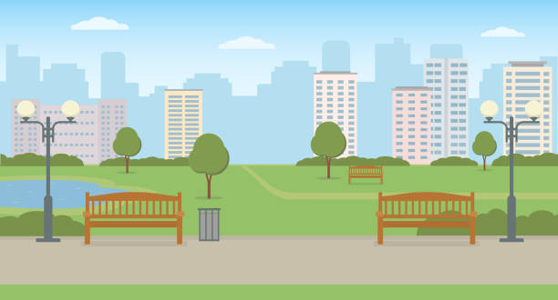 illustrations, cliparts, dessins animés et icônes de parc de ville vide avec des bancs, la pelouse et l’étang. vue panoramique. paysage d’été. - park bench