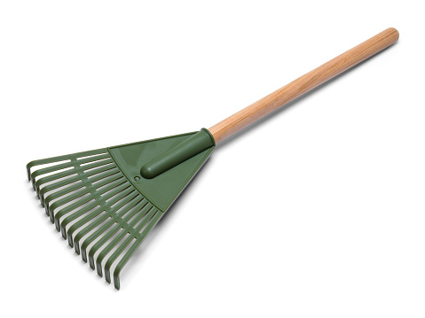 Green Plastic Rake with Wood Handle Cut Out.