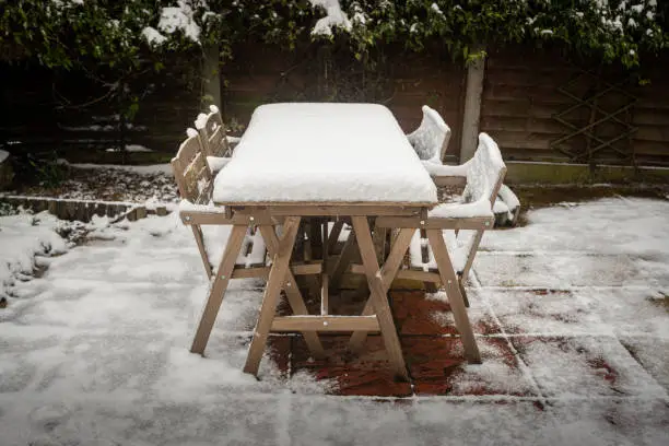 Photo of Outdoor table and chairs covered in a heavy blanket of snow