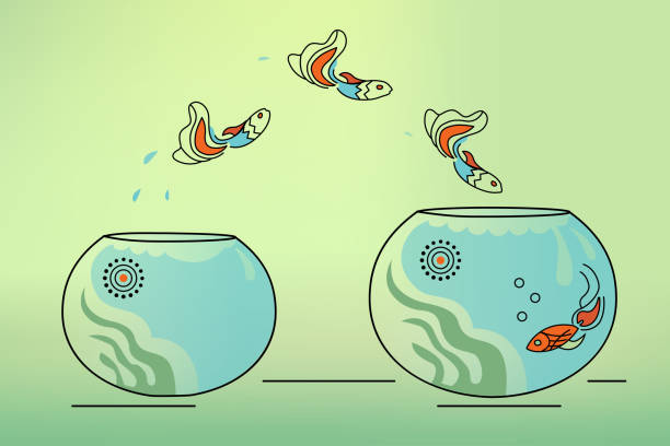 illustrations, cliparts, dessins animés et icônes de liberté d’illustration, sortie de l’auto-isolement dans la société, poissons sautant du réservoir à l’aquarium. désir, désir d’une vie meilleure, psychologie. - fish tank