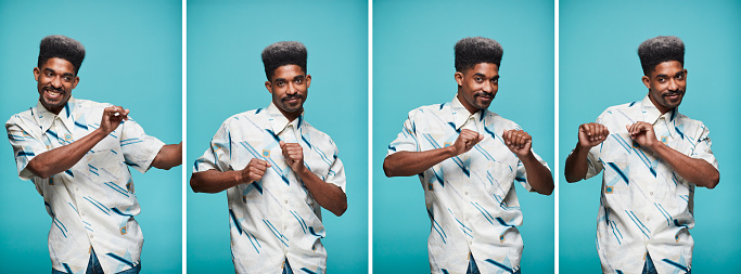 Colombian model.
Studio shots.
One disco dancer in a retro shirt in different positions.