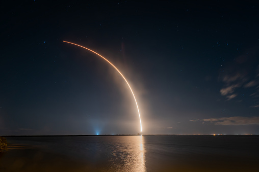 Long exposure photo of the SpaceX launch of 60 Starlink Internet Satellites on March 11, 2021 at 3:13AM.