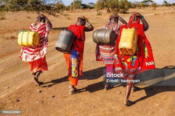 African women from Maasai tribe carrying water, Kenya, East Africa