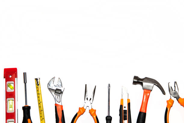 istock Group of used mechanical tools on a white background. With place for text, top view 1306532358