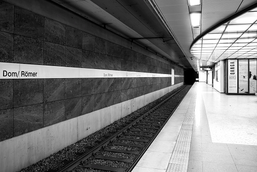 Frankfurt, Germany, 03/18/2020:  Subway station Dom/ Römer in Frankfurt am Main. Empty station due to Corona pandemic. Picture in black and white