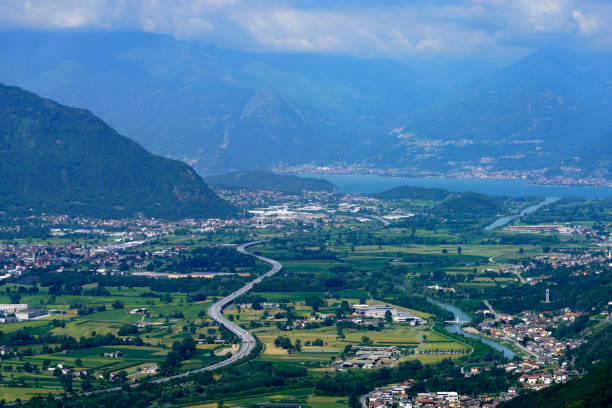 Panoramic view of the Valtellina valley, Sondrio province, Lombardy, Italy, from Mello at summer