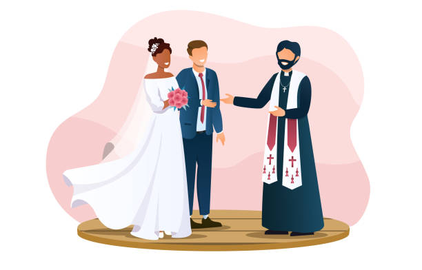 ilustraciones, imágenes clip art, dibujos animados e iconos de stock de linda pareja de bodas y el sacerdote están de pie al aire libre - novio participación en la boda